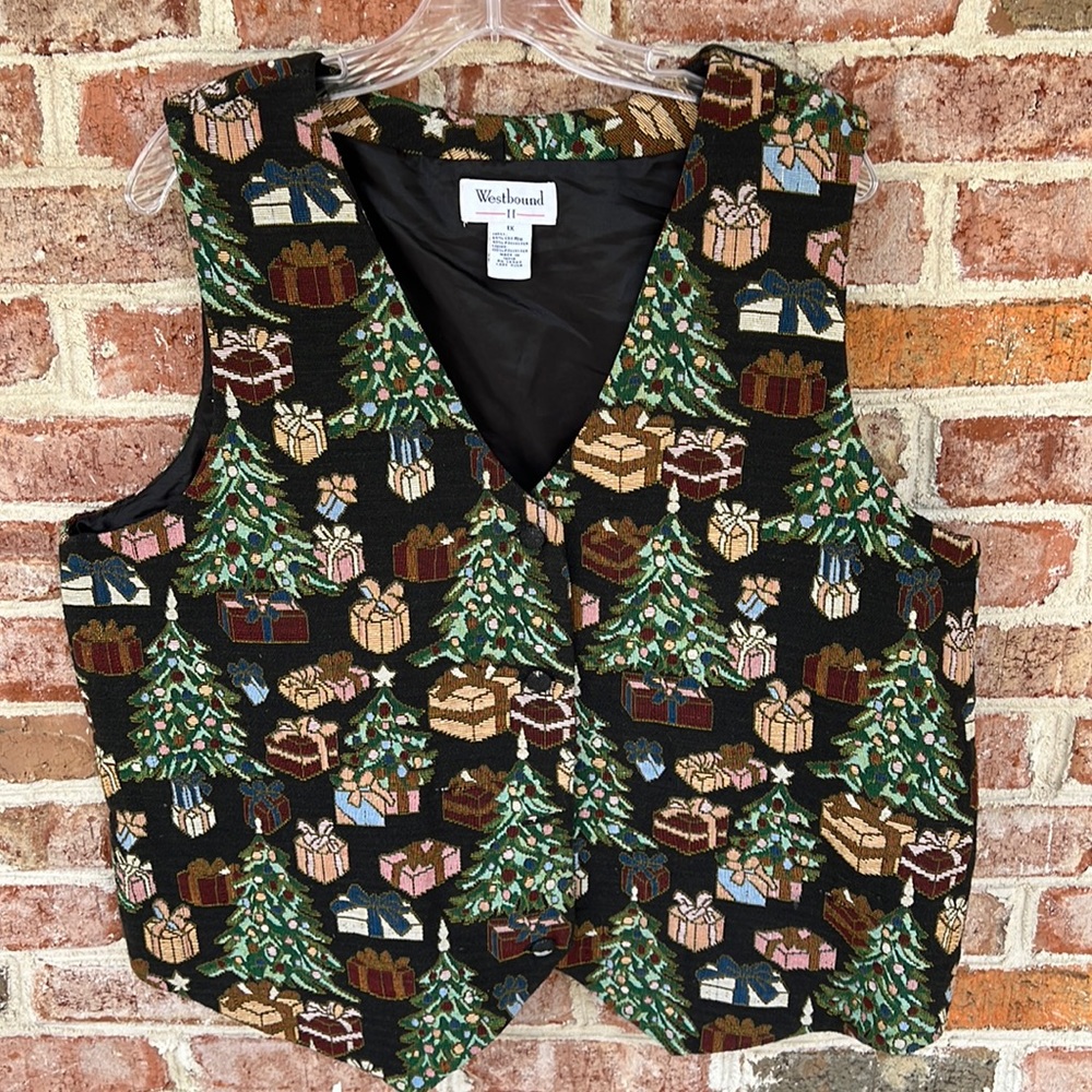 Vintage Christmas Holiday tapestry vest size 1X Christmas Trees